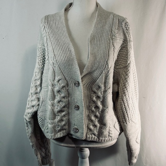 Endless Rose Sweaters - Endless Rose Chunky Cable Knit Cardigan Rhinestone Button Cream Sweater L NWT